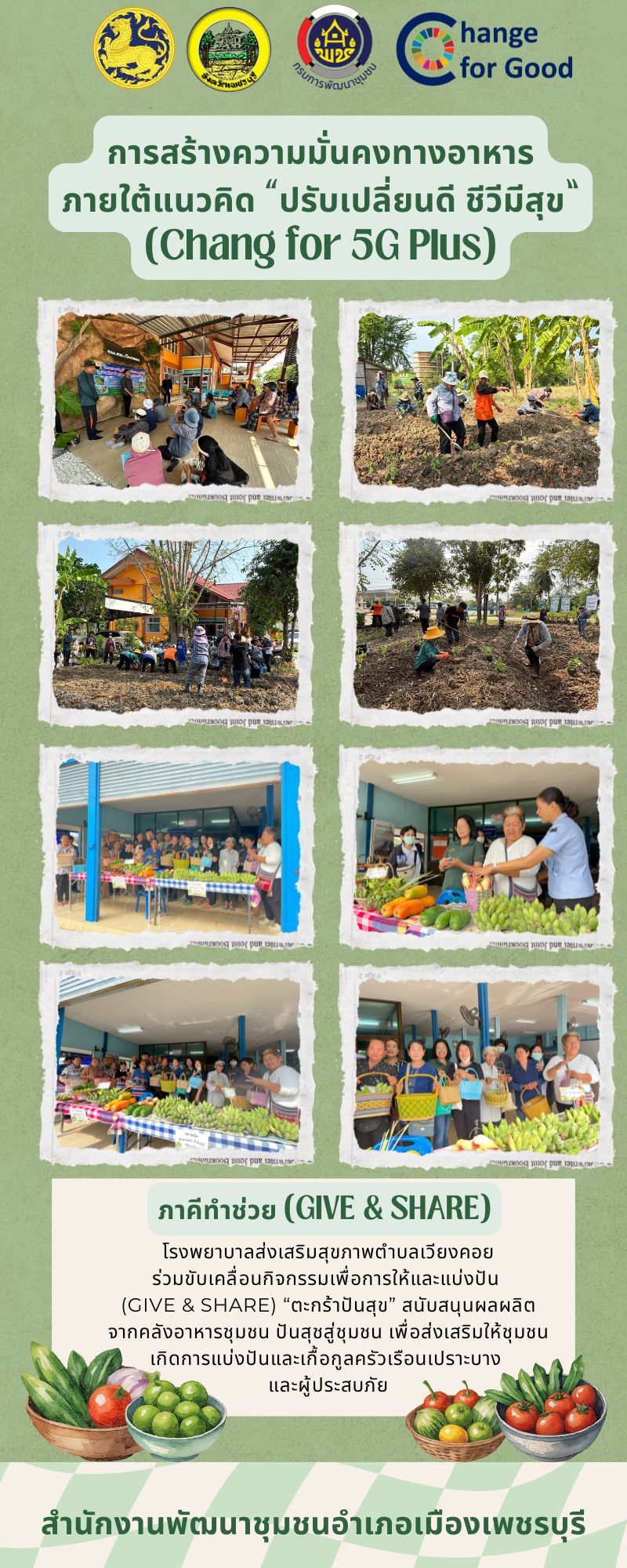 สำนักงานพัฒนาชุมชนอำเภอเมืองเพชรบุรี ขับเคลื่อนกิจกรรมการสร้างความมั่นคงทางอาหารภายใต้แนวคิด “ปรับเปลี่ยนดี ชีวีมีสุข”(Chang for 5G Plus)ภาคีทำช่วย (GIVE & SHARE)